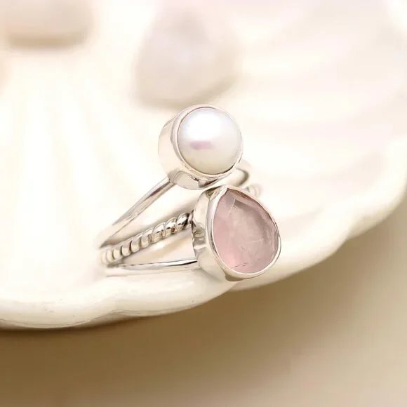 Rose Quartz & Pearl Solid 925 Sterling Silver Ring 7.5 - Picture 1 of 4